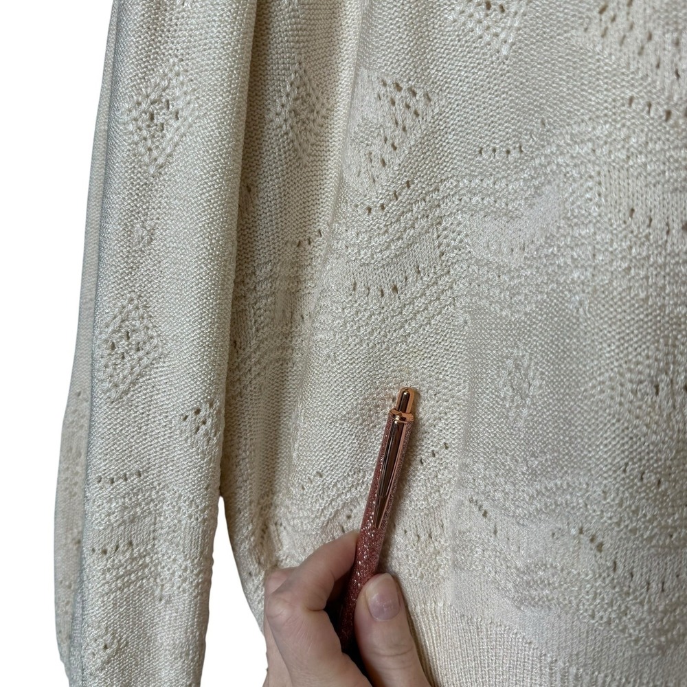 St. John Vintage Cardigan Balloon Sleeve Wool Blend Pointelle Knit Cream Large - Picture 6 of 10